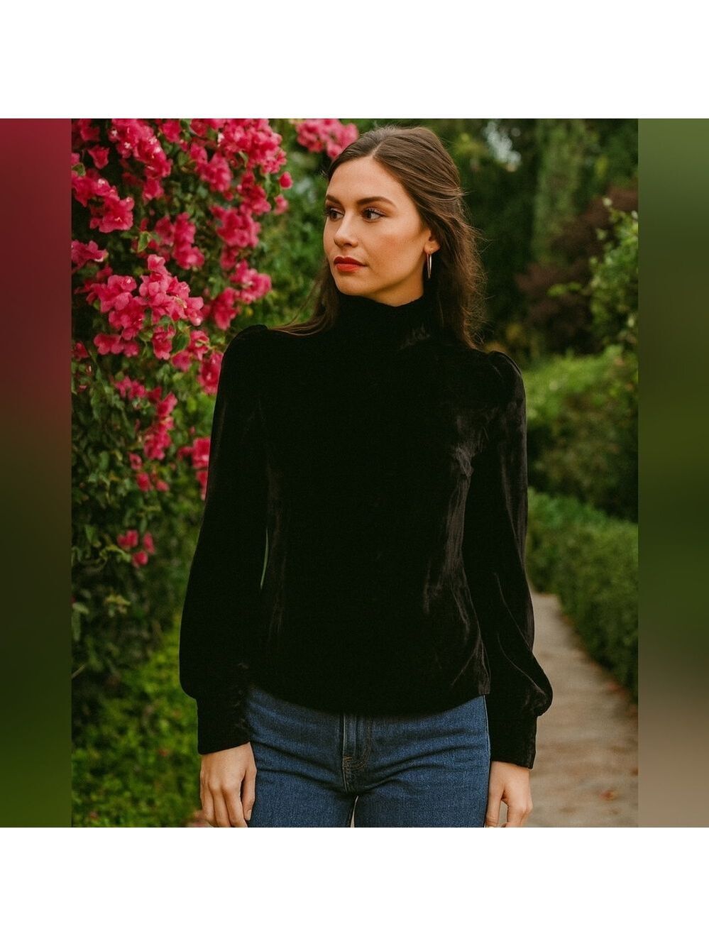 L'agence Turtle Neck Baloon Sleeve Velvet Top